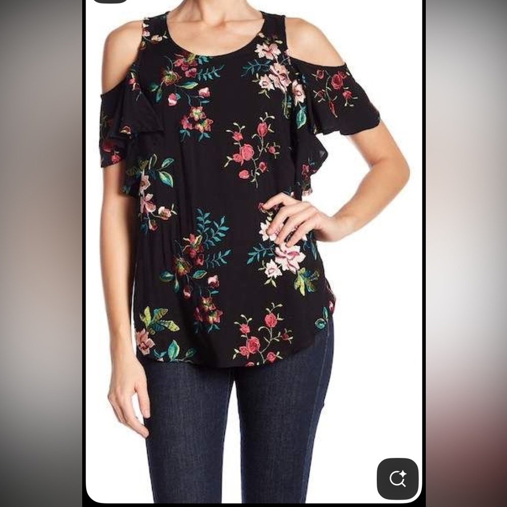 Karen Kane Black Floral Embroidered Cold Shoulder Blouse Size Small